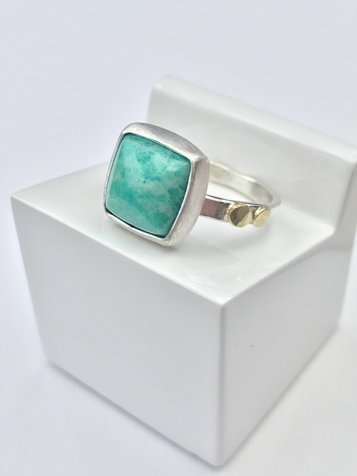 Amazonite Fair Trade Gemstone, set in sterling silver with 18ct gold decoration