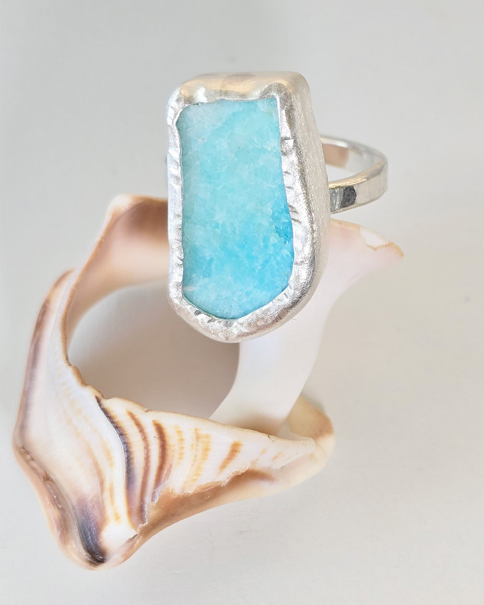 Blue Rough Amazonite Ring on a sea shell