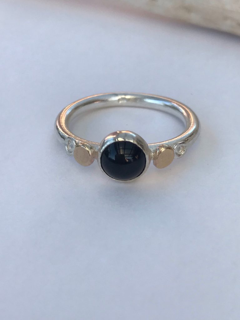 Black Onyx Sterling Silver Ring - with 9ct Gold Accents