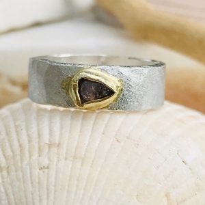 silver Hammered Band with gem
